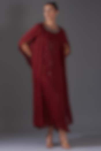 Deep Red Sequins Crystal Embroidered Kaftan Dress by LABEL ARRV