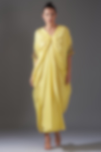 Neon Yellow Pure Silk Dabka Embellished Draped Kaftan by LABEL ARRV at Pernia's Pop Up Shop