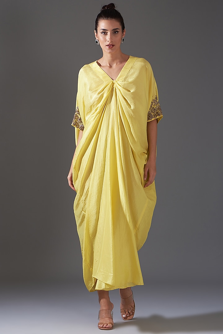 Neon Yellow Pure Silk Dabka Embellished Draped Kaftan by LABEL ARRV at Pernia's Pop Up Shop