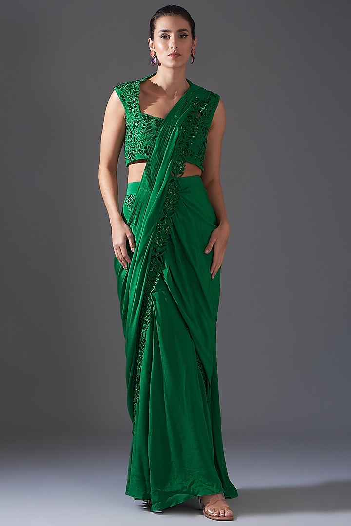 Emerald Green Crepe Cutwork Embroidered Draped Saree Set Design by ...