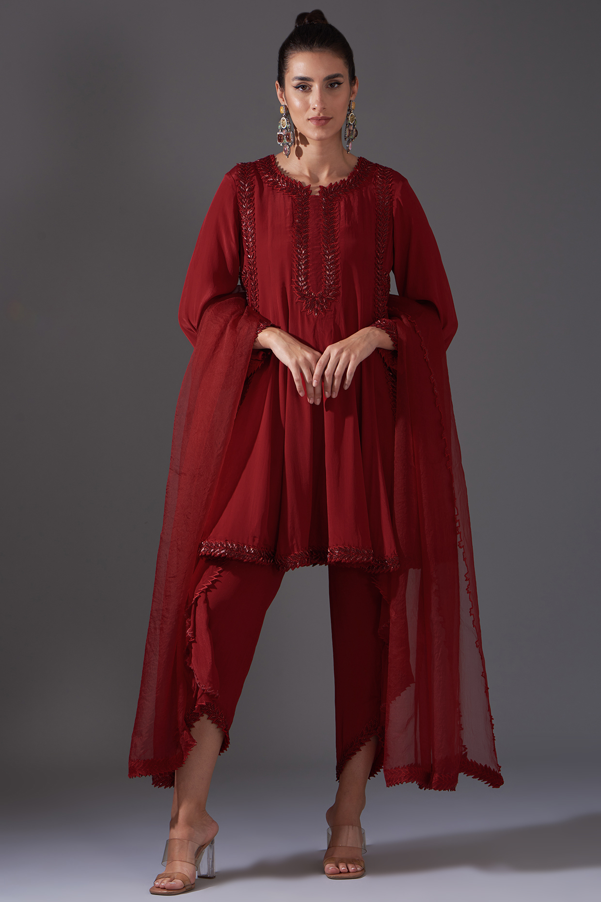 Red Crepe Cutwork Embroidered Short Anarkali Set by LABEL ARRV at Pernia's Pop Up Shop