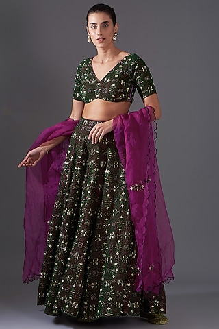 Multi-Colored Crepe Aari Embroidered Lehenga Set by LABEL ARRV