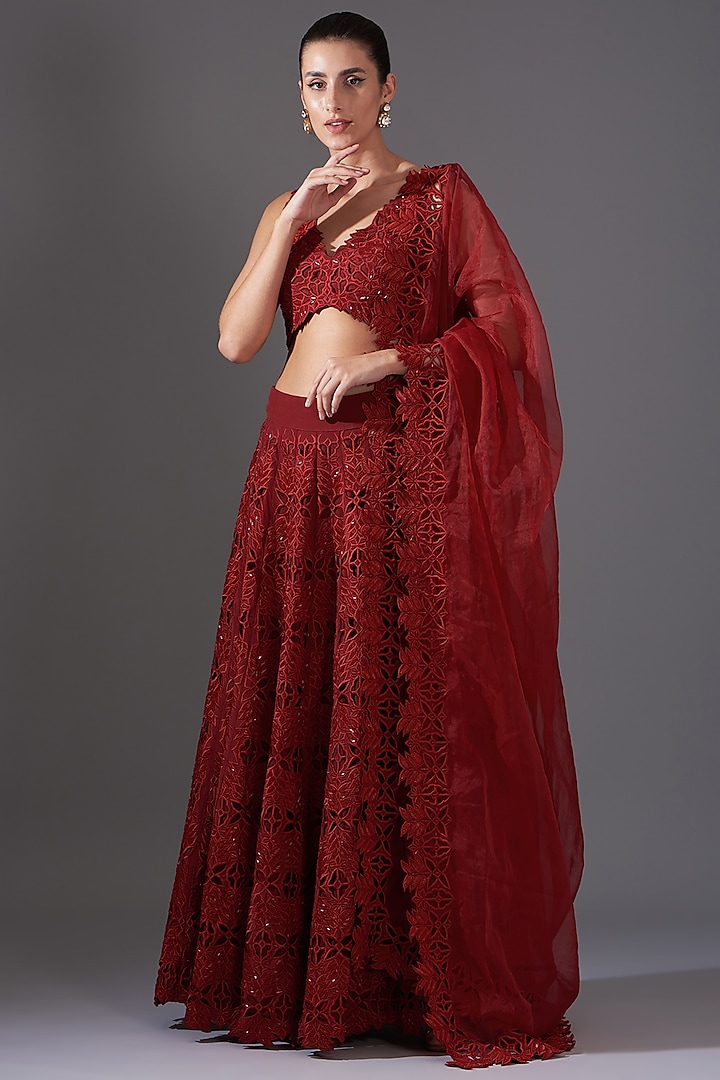 Red Crepe Cutwork Embroidered Lehenga Set by LABEL ARRV