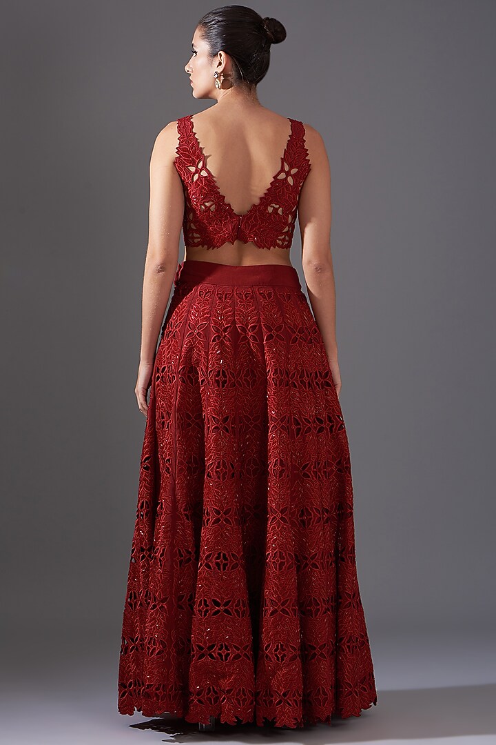 Red Crepe Cutwork Embroidered Bridal Lehenga Set by LABEL ARRV at Pernia's Pop Up Shop