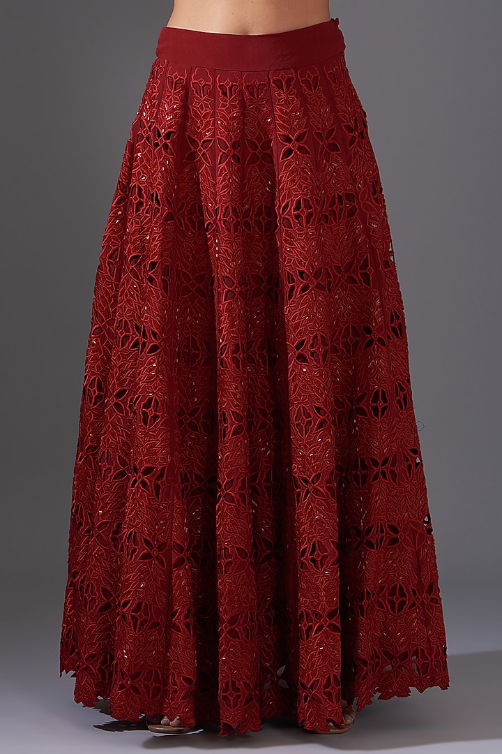 Red Crepe Cutwork Embroidered Bridal Lehenga Set by LABEL ARRV at Pernia's Pop Up Shop