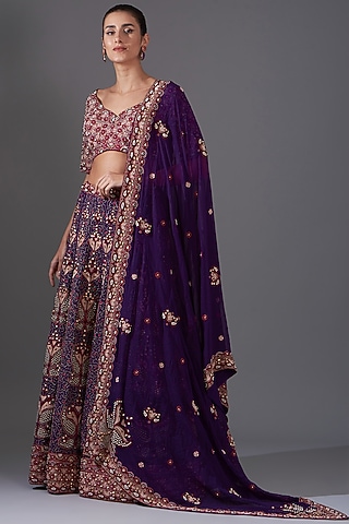 Purple Georgette Sequins Embroidered Lehenga Set by LABEL ARRV