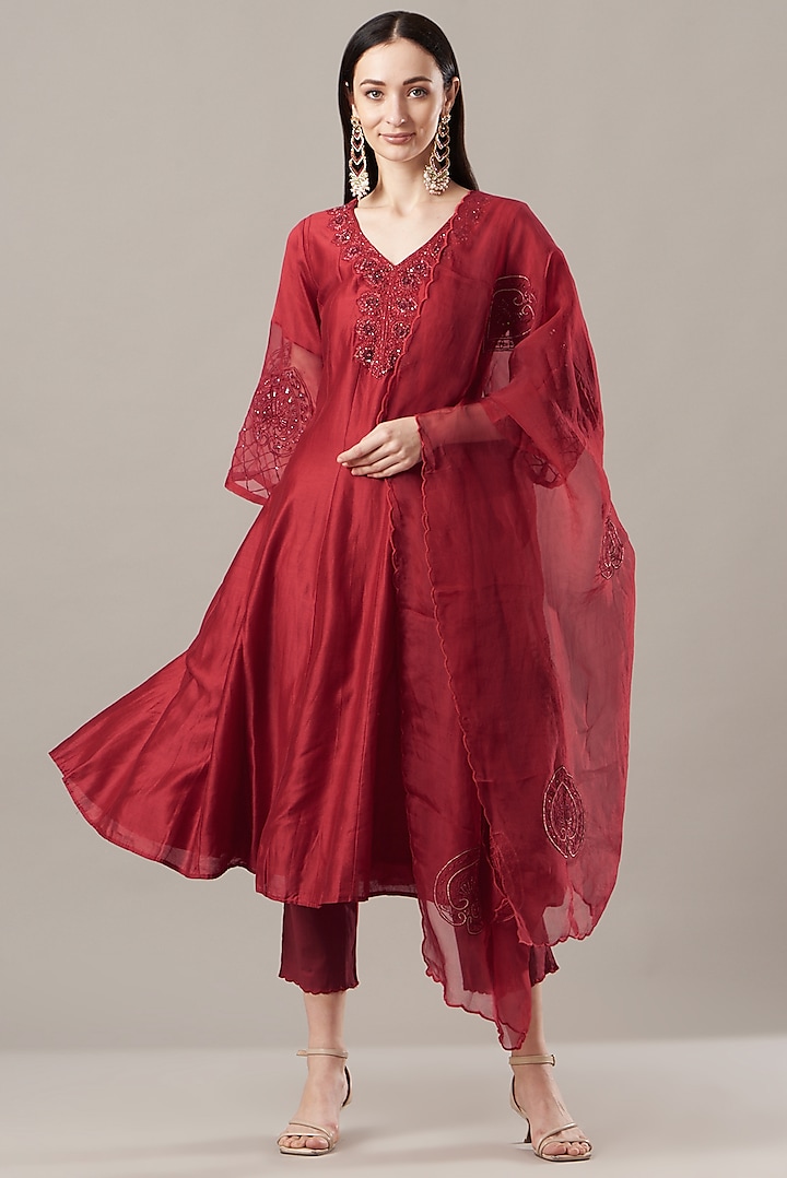 Blood Red Chanderi Anarkali Set by Anushka Repswal-Sewing love