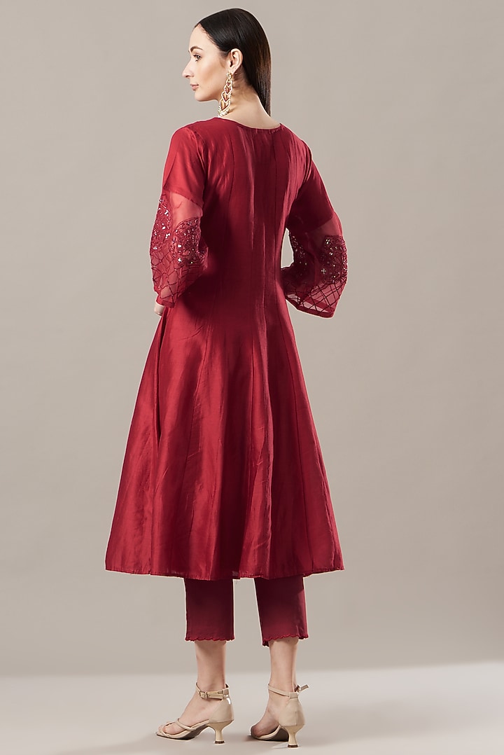 Blood Red Chanderi Anarkali Set by Anushka Repswal-Sewing love at Pernia's Pop Up Shop
