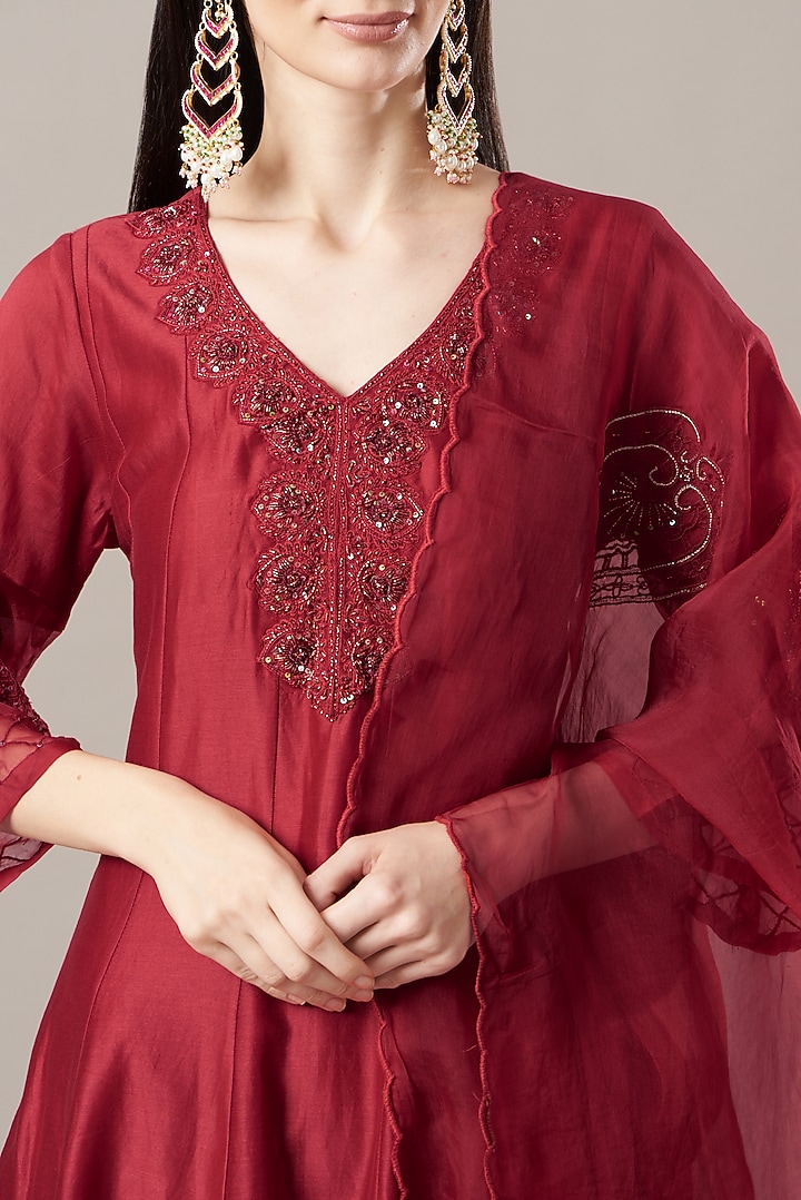 Blood Red Chanderi Anarkali Set by Anushka Repswal-Sewing love at Pernia's Pop Up Shop