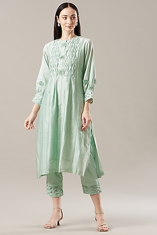 Sea Green Chanderi Kurta Set by Anushka Repswal-Sewing love