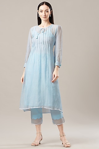 Sky Blue Malai Chanderi Kurta Set by Anushka Repswal-Sewing love