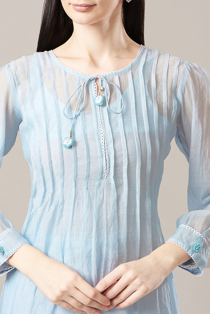 Sky Blue Malai Chanderi Kurta Set by Anushka Repswal-Sewing love at Pernia's Pop Up Shop
