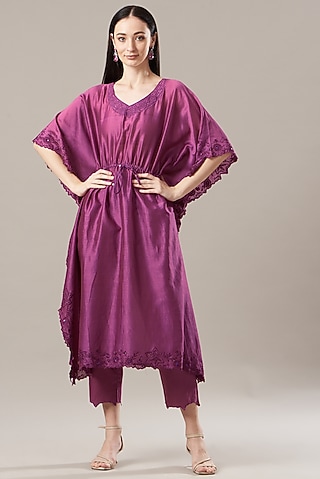 Wine Hand Embroidered Kaftan Set by Anushka Repswal-Sewing love