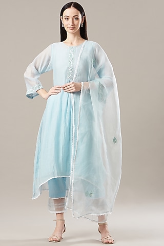 Sky Blue Hand Embroidered Kurta Set by Anushka Repswal-Sewing love