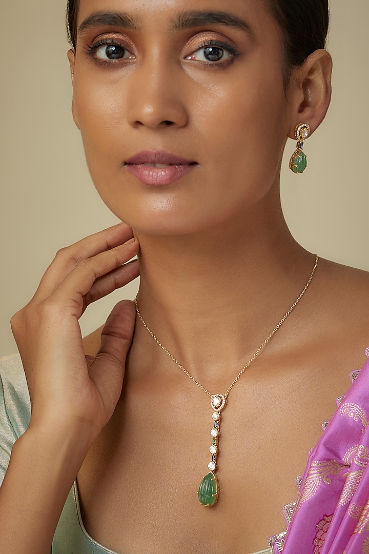 Gold Finish Kundan Polki & Green Stone Necklace Set In Sterling Silver by Arista Jewels at Pernia's Pop Up Shop