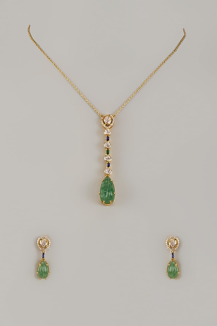 Gold Finish Kundan Polki & Green Stone Necklace Set In Sterling Silver by Arista Jewels at Pernia's Pop Up Shop