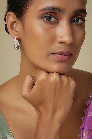 White Finish Cubic Zircon Hoop Earrings In Sterling Silver by Arista Jewels