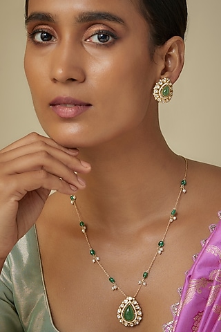 Gold Finish Kundan Polki & Pear-Shaped Green Stone Pendant Necklace Set In Sterling Silver by Arista Jewels