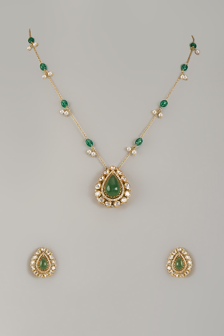 Gold Finish Kundan Polki & Pear-Shaped Green Stone Pendant Necklace Set In Sterling Silver by Arista Jewels at Pernia's Pop Up Shop