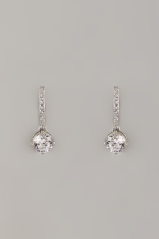 White Finish Cubic Zircon Solitaire Drop Earrings In Sterling Silver by Arista Jewels