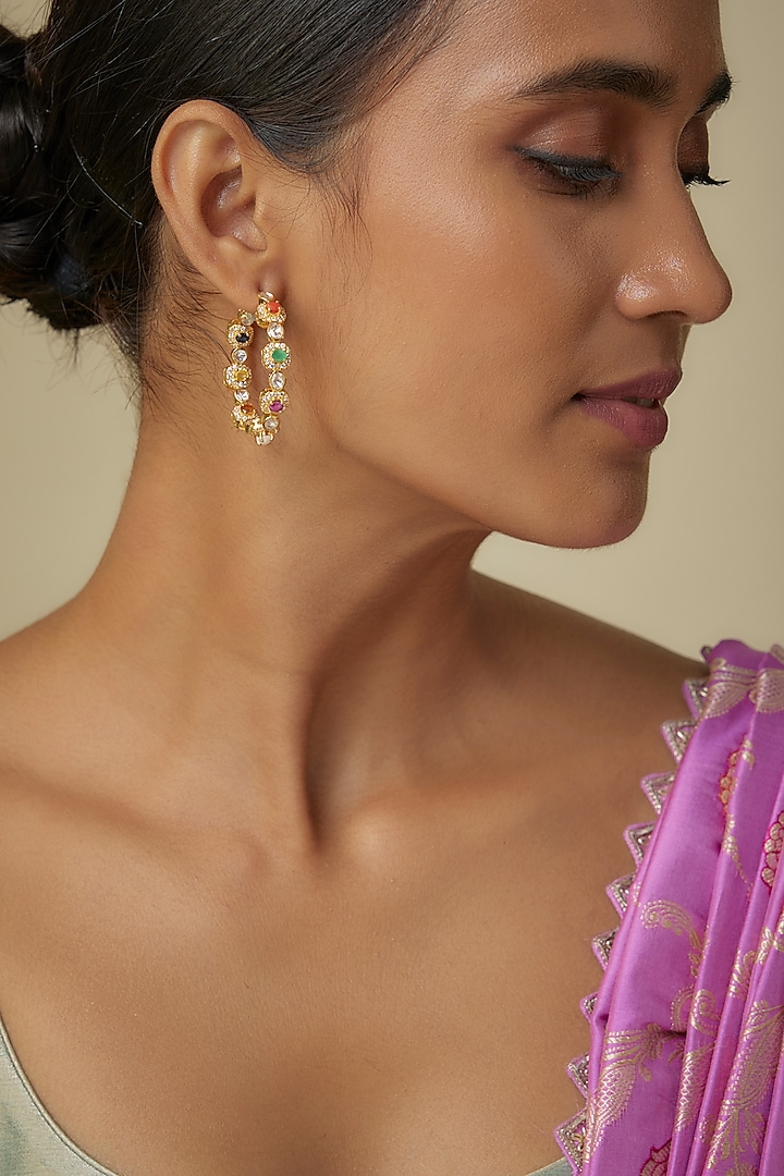 Gold Finish Kundan Polki & Navratna Stone Earrings In Sterling Silver by Arista Jewels at Pernia's Pop Up Shop