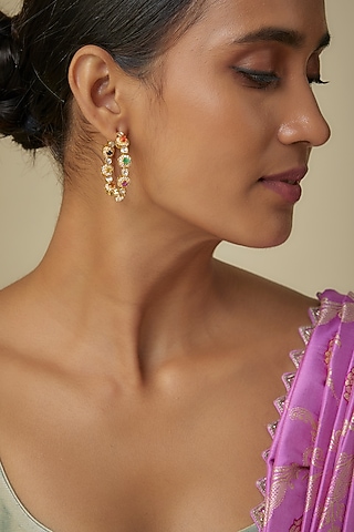 Gold Finish Kundan Polki & Navratna Stone Earrings In Sterling Silver by Arista Jewels