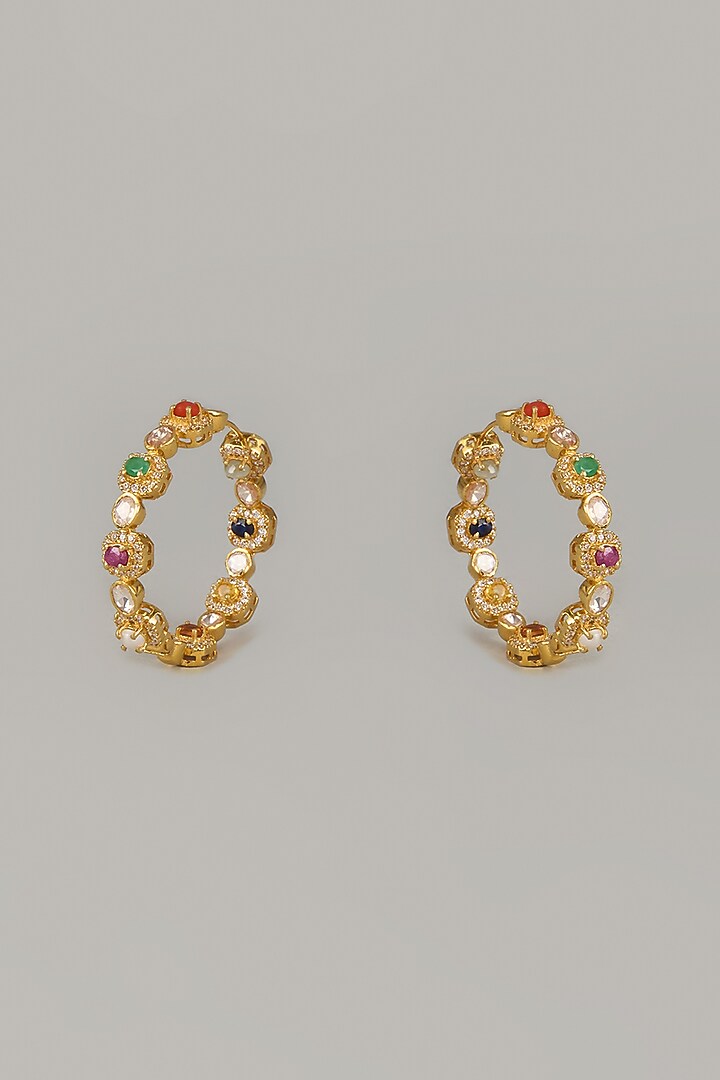Gold Finish Kundan Polki & Navratna Stone Earrings In Sterling Silver by Arista Jewels at Pernia's Pop Up Shop