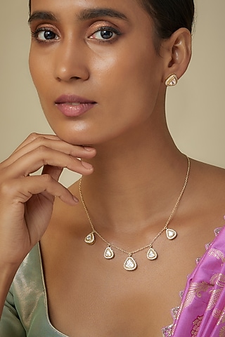 Gold Finish Moissanite Kundan Polki Necklace Set In Sterling Silver by Arista Jewels