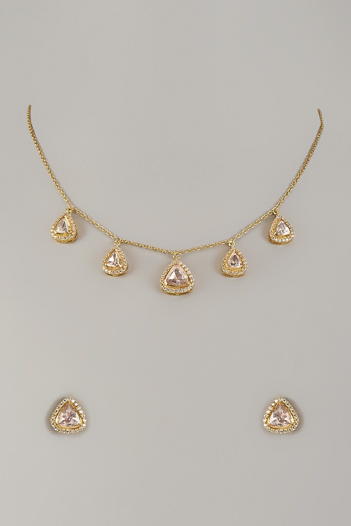 Gold Finish Moissanite Kundan Polki Necklace Set In Sterling Silver by Arista Jewels at Pernia's Pop Up Shop