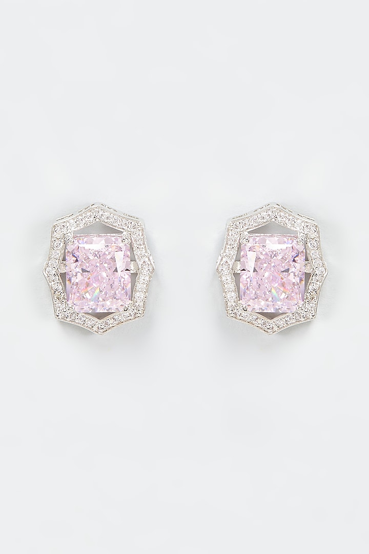 White Finish Pink Stone Earrings In Sterling Silver by Arista Jewels