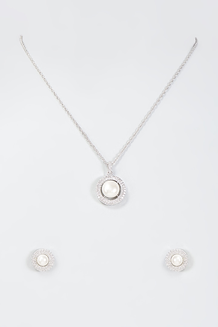 White Finish Pearl Pendant Necklace Set In Sterling Silver by Arista Jewels