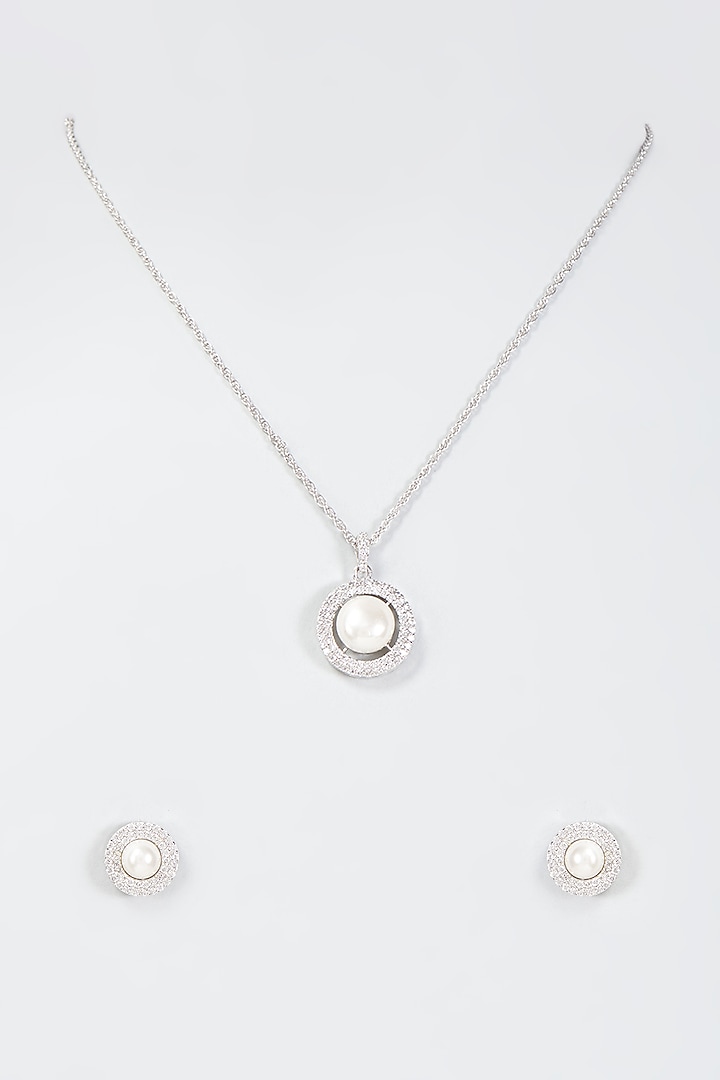 White Finish Pearl Pendant Necklace Set In Sterling Silver by Arista Jewels at Pernia's Pop Up Shop