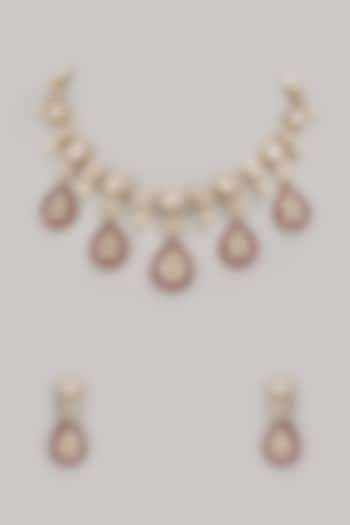 Gold Finish Moissanite Polki & Ruby Stone Necklace Set In Sterling Silver by Arista Jewels at Pernia's Pop Up Shop