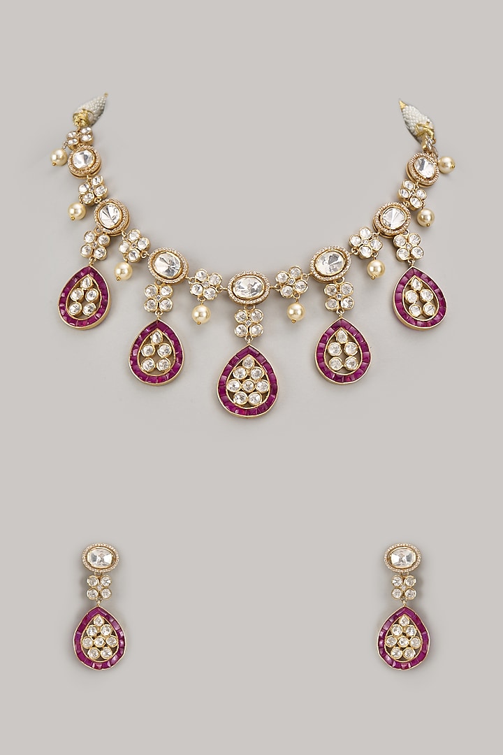 Gold Finish Moissanite Polki & Ruby Stone Necklace Set In Sterling Silver by Arista Jewels at Pernia's Pop Up Shop