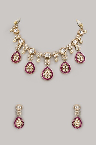 Gold Finish Moissanite Polki & Ruby Stone Necklace Set In Sterling Silver by Arista Jewels