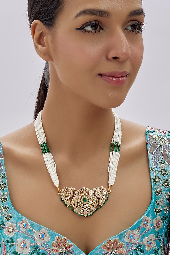 Gold Finish Kundan Polki Necklace In Sterling Silver by Arista Jewels at Pernia's Pop Up Shop