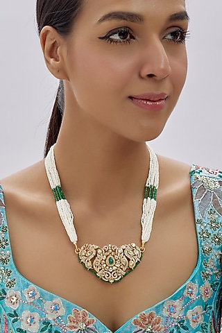 Gold Finish Kundan Polki Necklace In Sterling Silver by Arista Jewels