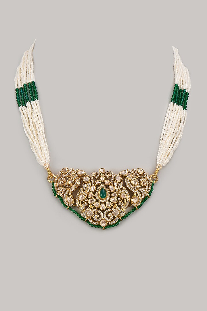Gold Finish Kundan Polki Necklace In Sterling Silver by Arista Jewels at Pernia's Pop Up Shop