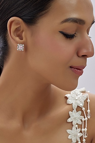White Finish Zircon & Purple Fire Stone Stud Earrings In Sterling Silver by Arista Jewels