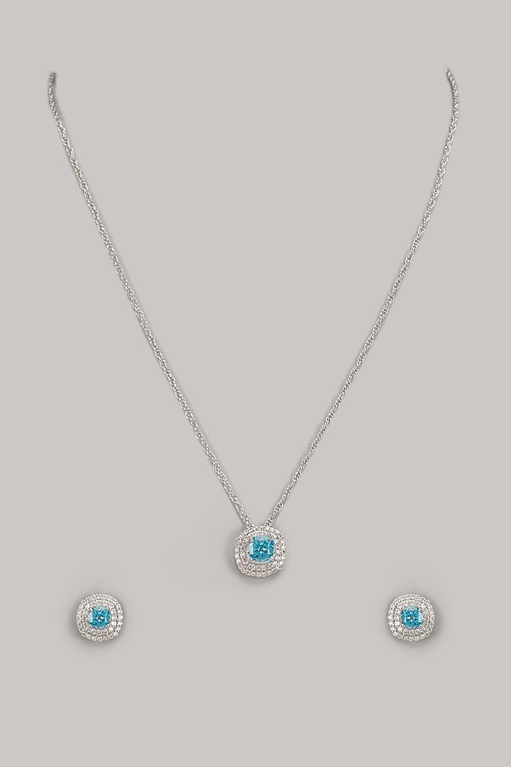 White Finish Zircon & Turquoise Fire Stone Pendant Necklace Set In Sterling Silver by Arista Jewels at Pernia's Pop Up Shop