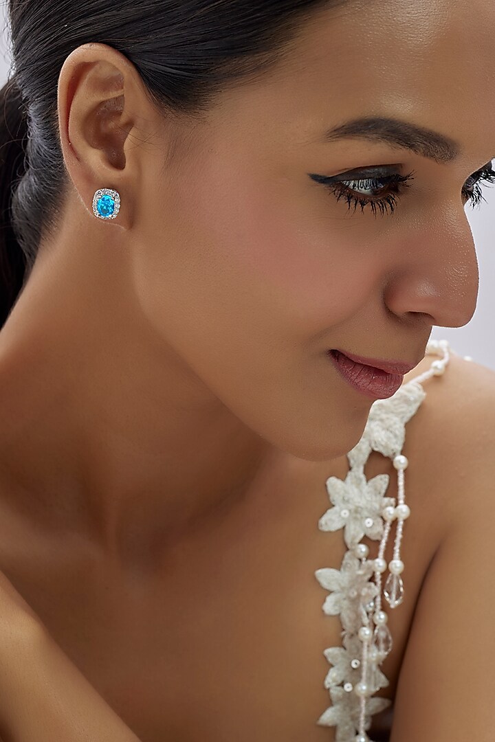 White Finish Zircon & Turquoise Fire Stone Stud Earrings In Sterling Silver by Arista Jewels at Pernia's Pop Up Shop