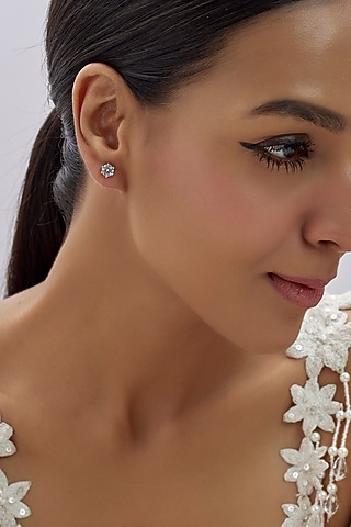 White Finish Swarovski Stud Earrings In Sterling Silver by Arista Jewels