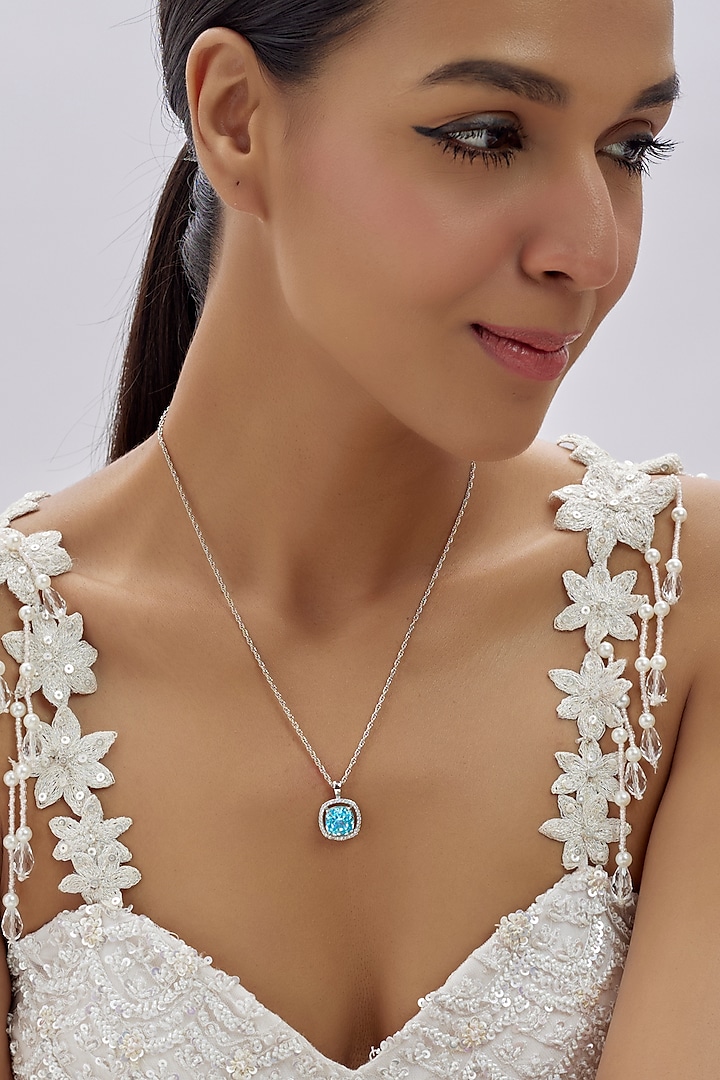 White Finish Zircon & Turquoise Fire Stone Pendant Necklace In Sterling Silver by Arista Jewels