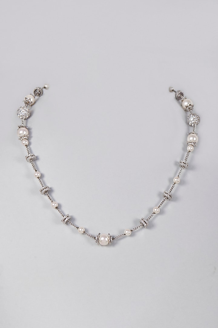 White Finish Zircon & Pearl Necklace In Sterling Silver by Arista Jewels