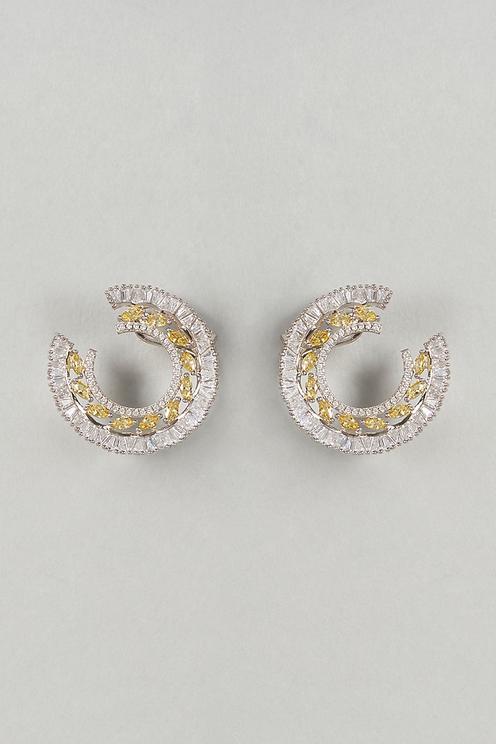White Finish Zircon Hoop Earrings In Sterling Silver by Arista Jewels