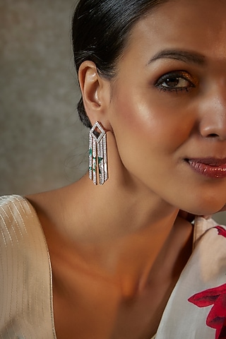 White Finish Mother Of Pearl & Zircon Dangler Earrings In Sterling Silver by Arista Jewels