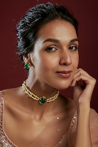 Gold Finish Pearl & Green Stone Choker Necklace Set In Sterling Silver by Arista Jewels
