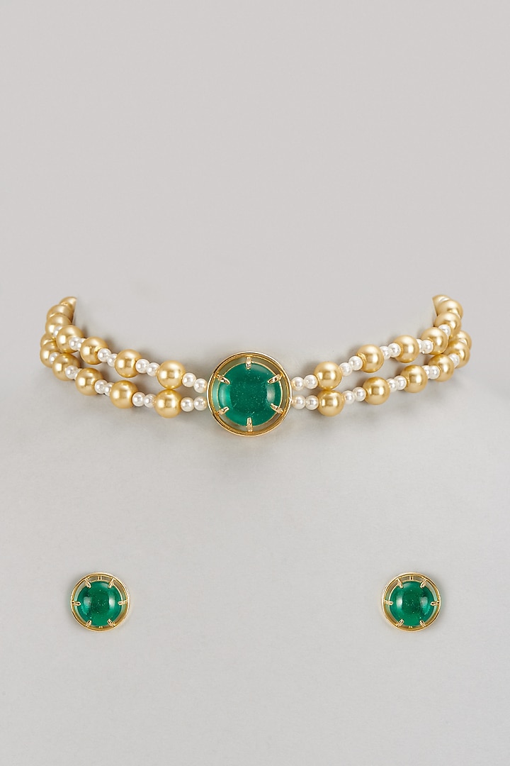 Gold Finish Pearl & Green Stone Choker Necklace Set In Sterling Silver by Arista Jewels at Pernia's Pop Up Shop