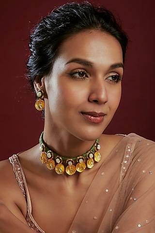 Gold Finish Pearl & Black Diamond Choker Necklace Set In Sterling Silver by Arista Jewels