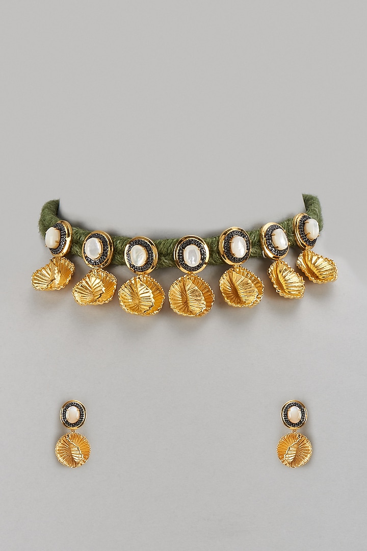 Gold Finish Pearl & Black Diamond Choker Necklace Set In Sterling Silver by Arista Jewels at Pernia's Pop Up Shop